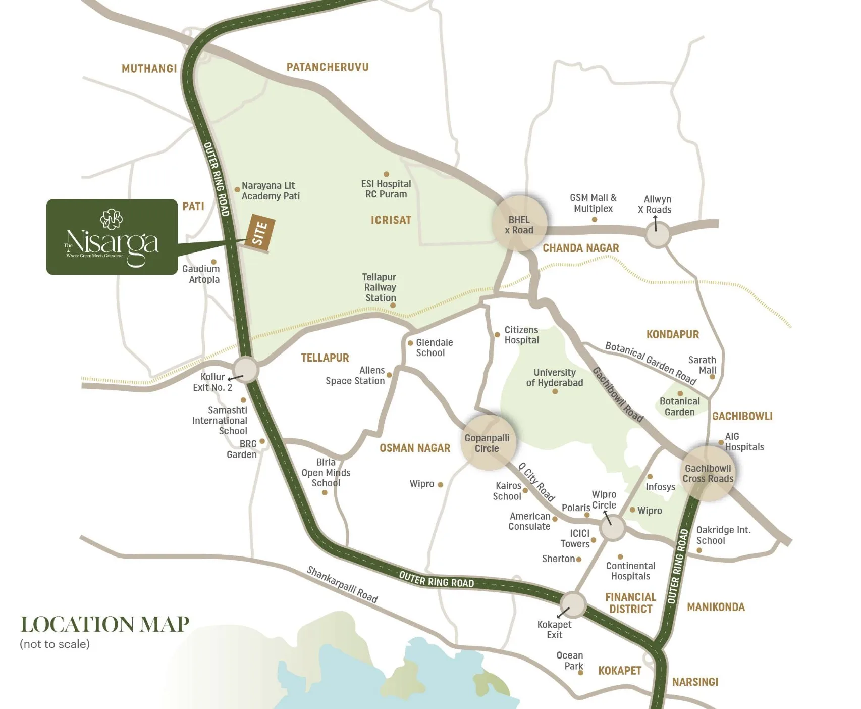 Nisarga location map — off the ORR at Kollur Exit No. 2, near Tellapur, BHEL, Gachibowli and the Financial District, Hyderabad